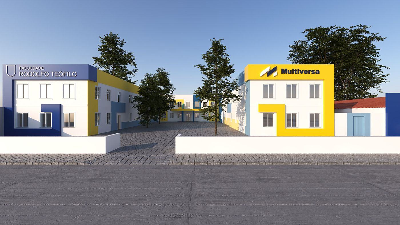 Render da fachada da Faculdade Multiversa em Fortaleza